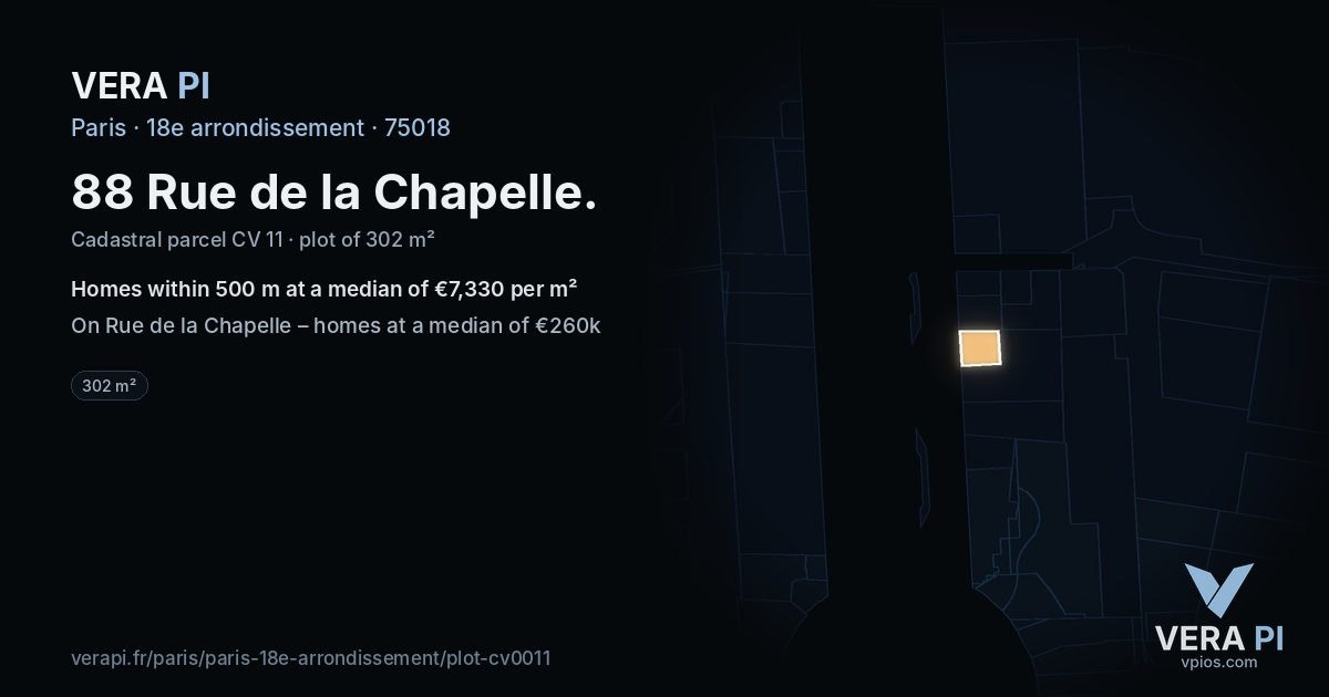 88 Rue de la Chapelle, 18e arrondissement at night – the plot lit, the parcels around coloured by the prices near them