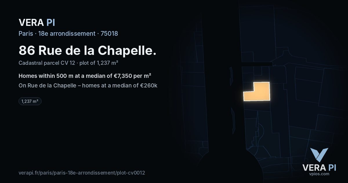 86 Rue de la Chapelle, 18e arrondissement at night – the plot lit, the parcels around coloured by the prices near them
