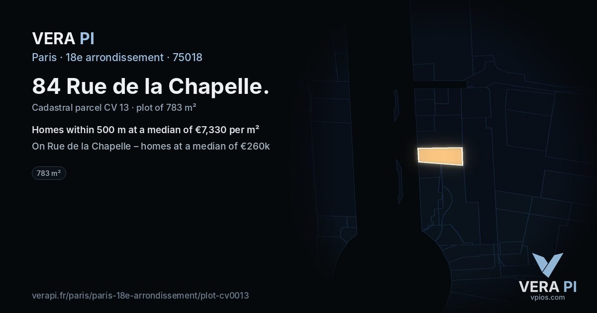 84 Rue de la Chapelle, 18e arrondissement at night – the plot lit, the parcels around coloured by the prices near them