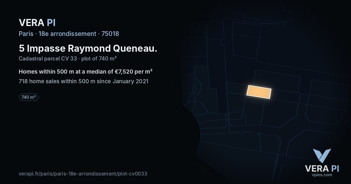 5 Impasse Raymond Queneau, 18e arrondissement at night – the plot lit, the parcels around coloured by the prices near them