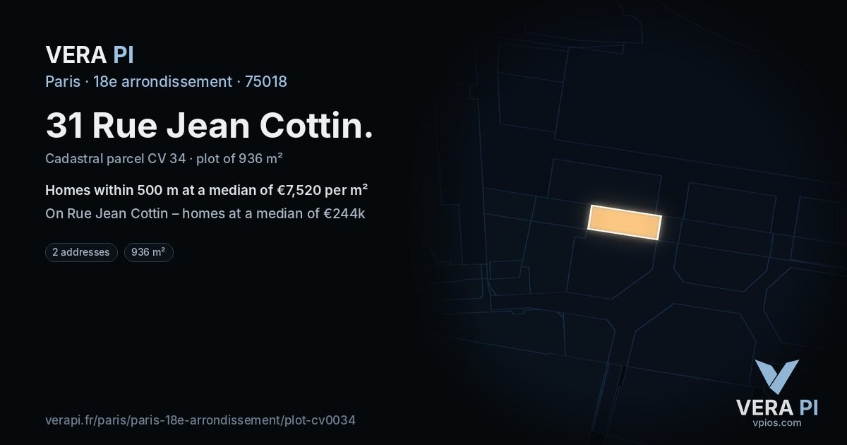 31 Rue Jean Cottin, 18e arrondissement at night – the plot lit, the parcels around coloured by the prices near them