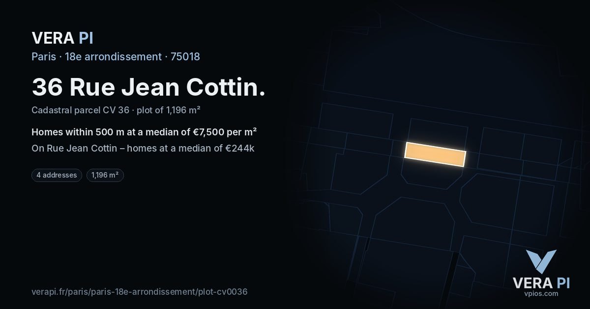 36 Rue Jean Cottin, 18e arrondissement at night – the plot lit, the parcels around coloured by the prices near them