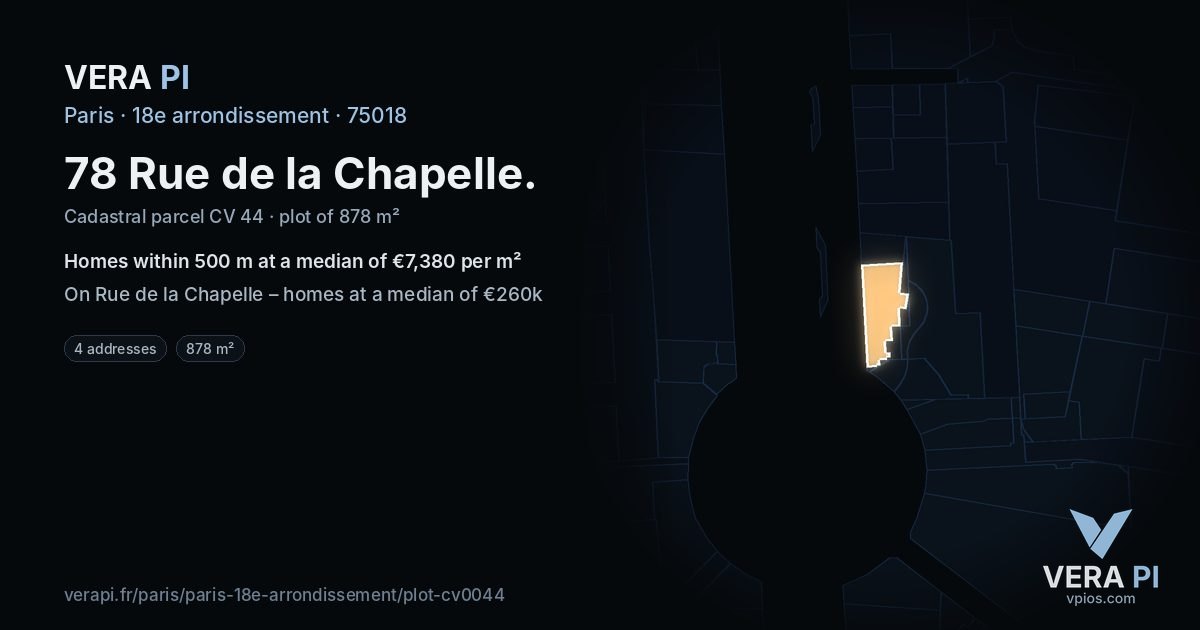 78 Rue de la Chapelle, 18e arrondissement at night – the plot lit, the parcels around coloured by the prices near them