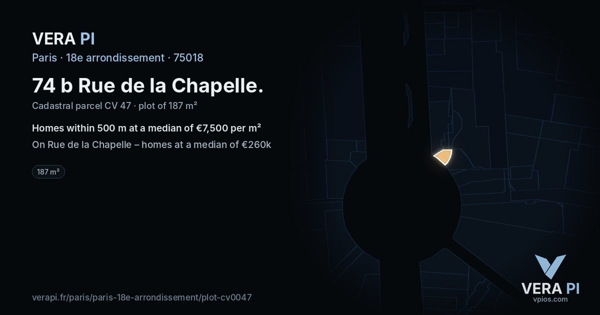74 b Rue de la Chapelle, 18e arrondissement at night – the plot lit, the parcels around coloured by the prices near them
