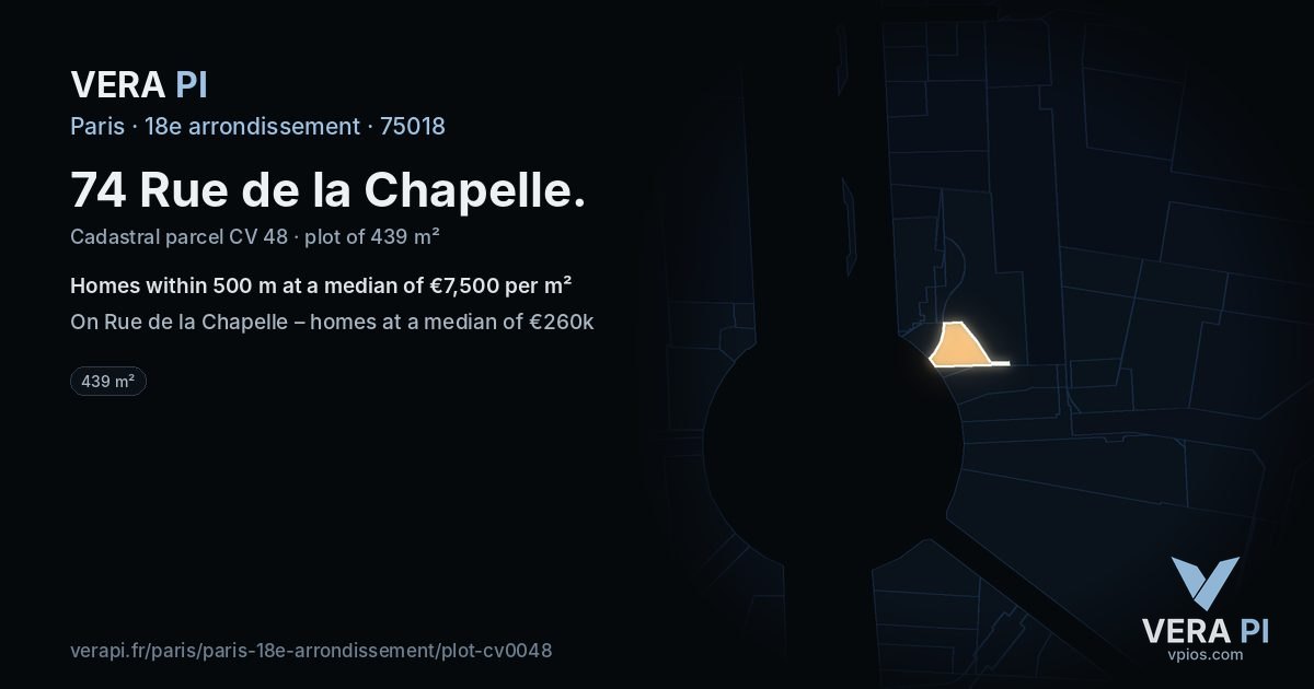 74 Rue de la Chapelle, 18e arrondissement at night – the plot lit, the parcels around coloured by the prices near them