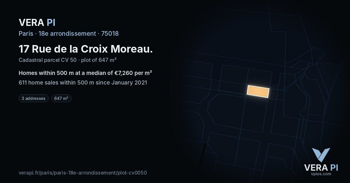 17 Rue de la Croix Moreau, 18e arrondissement at night – the plot lit, the parcels around coloured by the prices near them