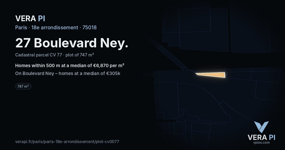 27 Boulevard Ney, 18e arrondissement at night – the plot lit, the parcels around coloured by the prices near them