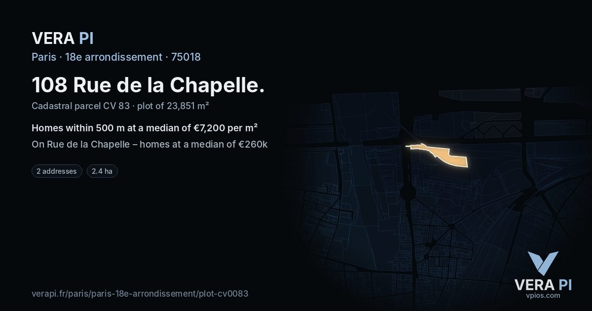 108 Rue de la Chapelle, 18e arrondissement at night – the plot lit, the parcels around coloured by the prices near them