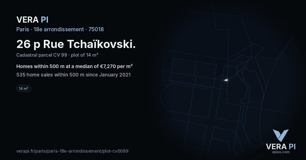 26 p Rue Tchaïkovski, 18e arrondissement at night – the plot lit, the parcels around coloured by the prices near them