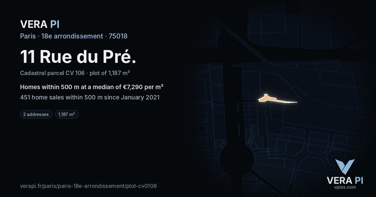 11 Rue du Pré, 18e arrondissement at night – the plot lit, the parcels around coloured by the prices near them