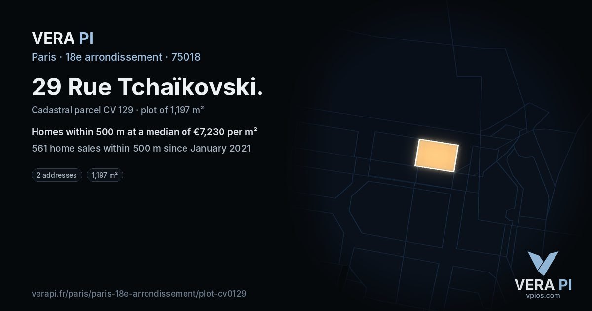 29 Rue Tchaïkovski, 18e arrondissement at night – the plot lit, the parcels around coloured by the prices near them