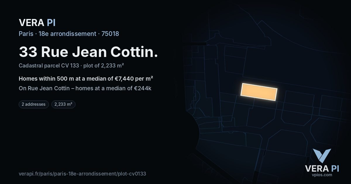 33 Rue Jean Cottin, 18e arrondissement at night – the plot lit, the parcels around coloured by the prices near them