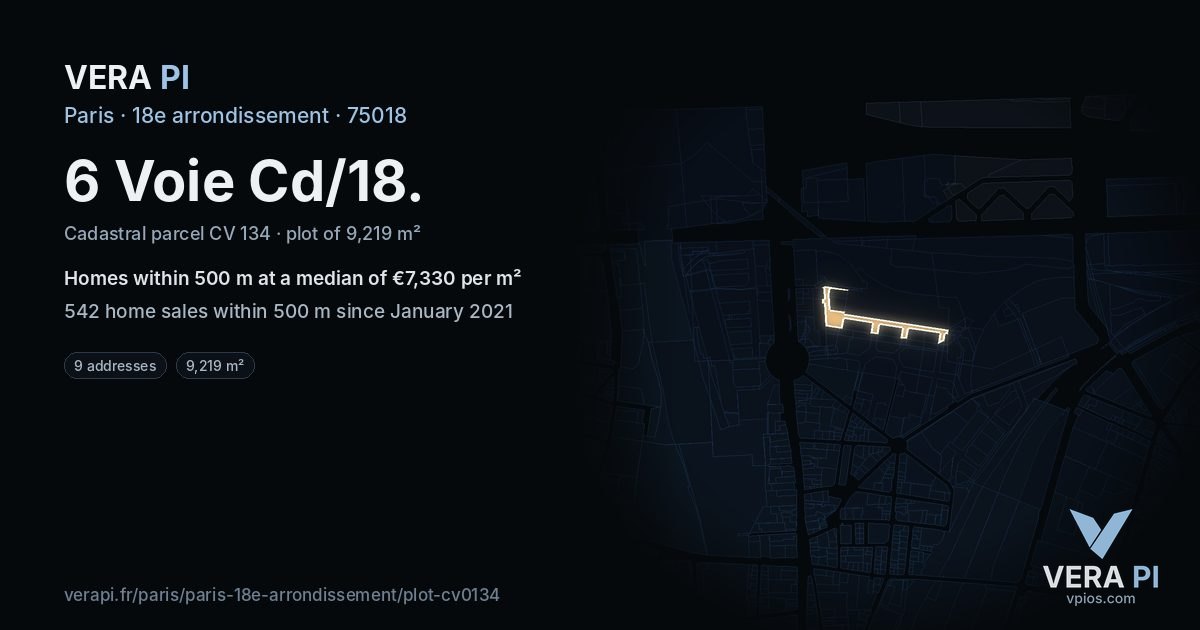 6 Voie Cd/18, 18e arrondissement at night – the plot lit, the parcels around coloured by the prices near them
