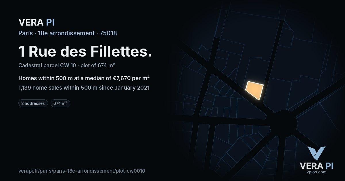 1 Rue des Fillettes, 18e arrondissement at night – the plot lit, the parcels around coloured by the prices near them