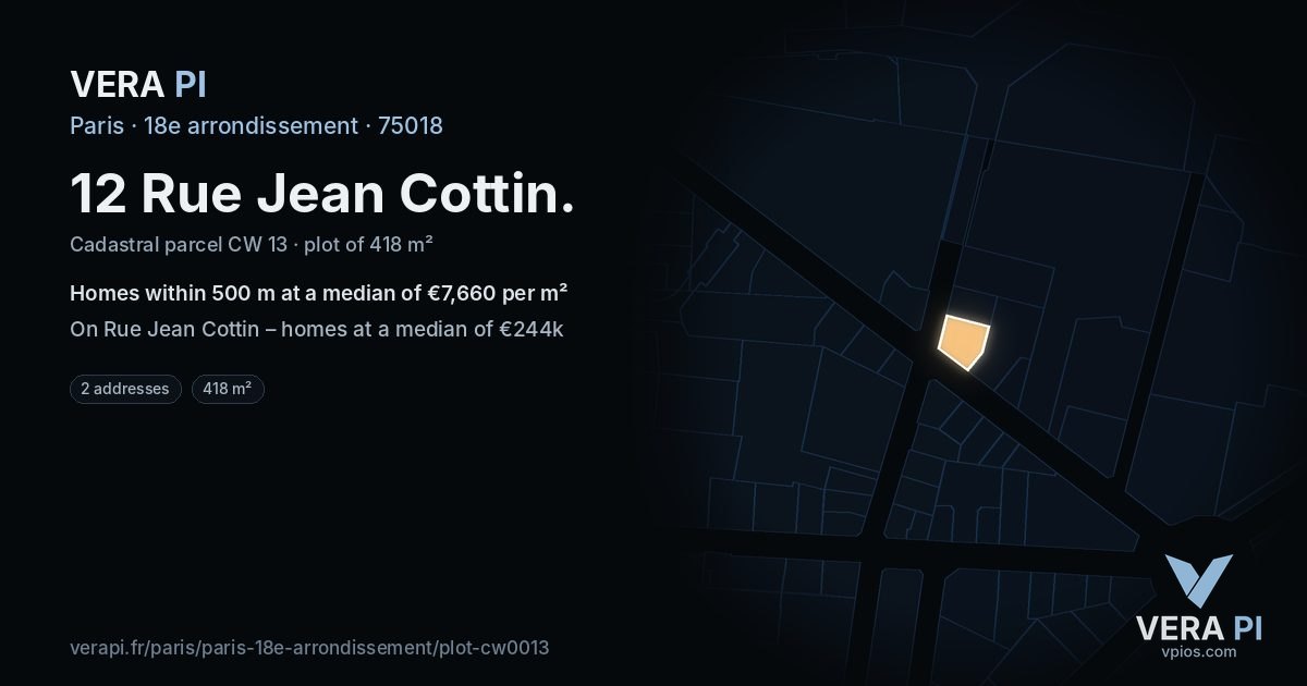 12 Rue Jean Cottin, 18e arrondissement at night – the plot lit, the parcels around coloured by the prices near them