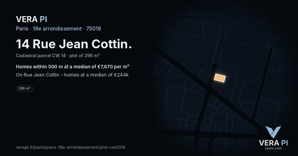 14 Rue Jean Cottin, 18e arrondissement at night – the plot lit, the parcels around coloured by the prices near them