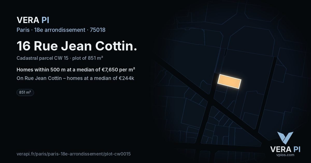 16 Rue Jean Cottin, 18e arrondissement at night – the plot lit, the parcels around coloured by the prices near them