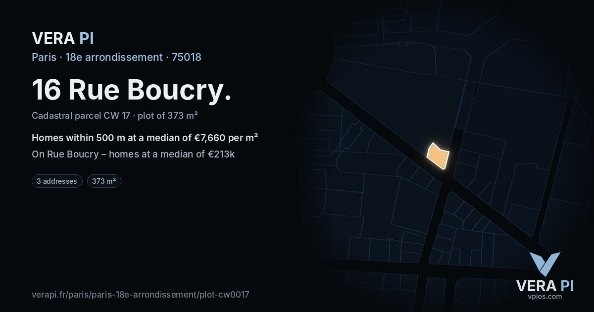 16 Rue Boucry, 18e arrondissement at night – the plot lit, the parcels around coloured by the prices near them