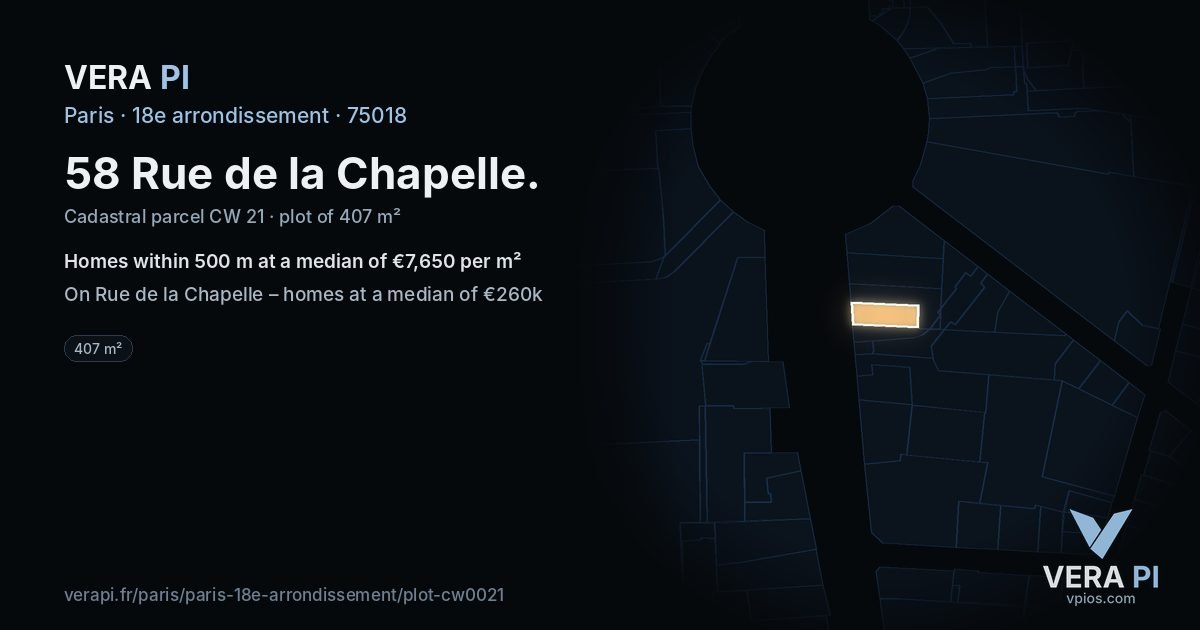 58 Rue de la Chapelle, 18e arrondissement at night – the plot lit, the parcels around coloured by the prices near them