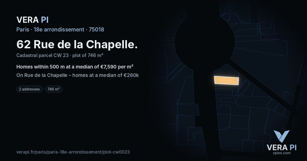 62 Rue de la Chapelle, 18e arrondissement at night – the plot lit, the parcels around coloured by the prices near them