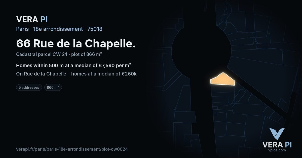 66 Rue de la Chapelle, 18e arrondissement at night – the plot lit, the parcels around coloured by the prices near them