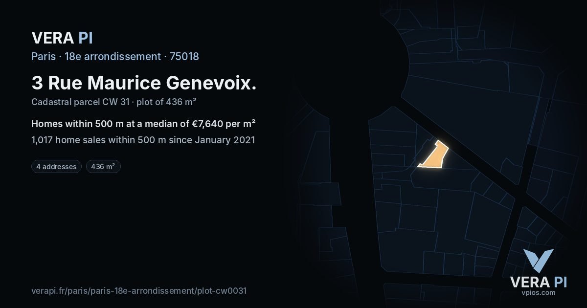 3 Rue Maurice Genevoix, 18e arrondissement at night – the plot lit, the parcels around coloured by the prices near them