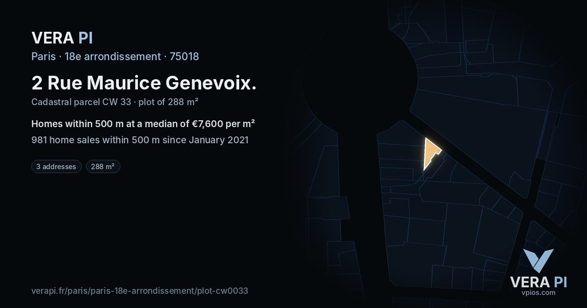 2 Rue Maurice Genevoix, 18e arrondissement at night – the plot lit, the parcels around coloured by the prices near them