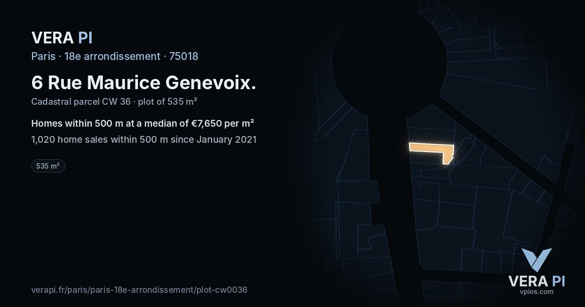 6 Rue Maurice Genevoix, 18e arrondissement at night – the plot lit, the parcels around coloured by the prices near them