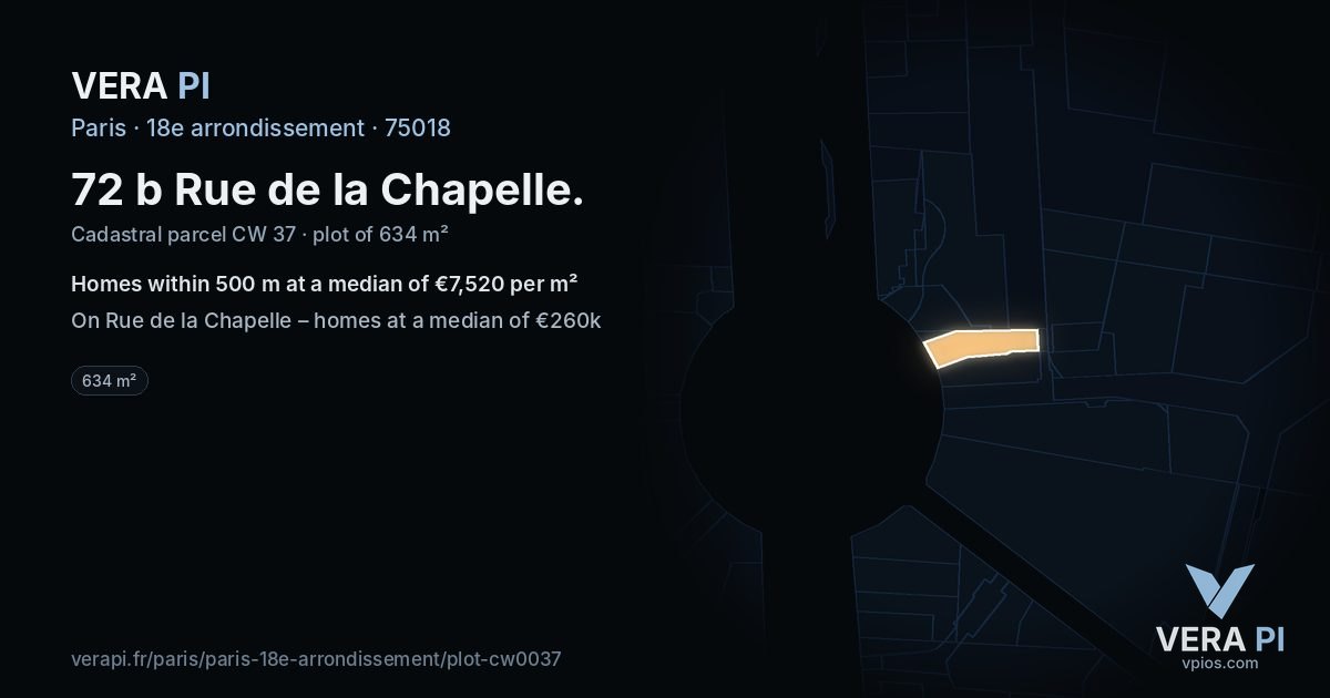 72 b Rue de la Chapelle, 18e arrondissement at night – the plot lit, the parcels around coloured by the prices near them