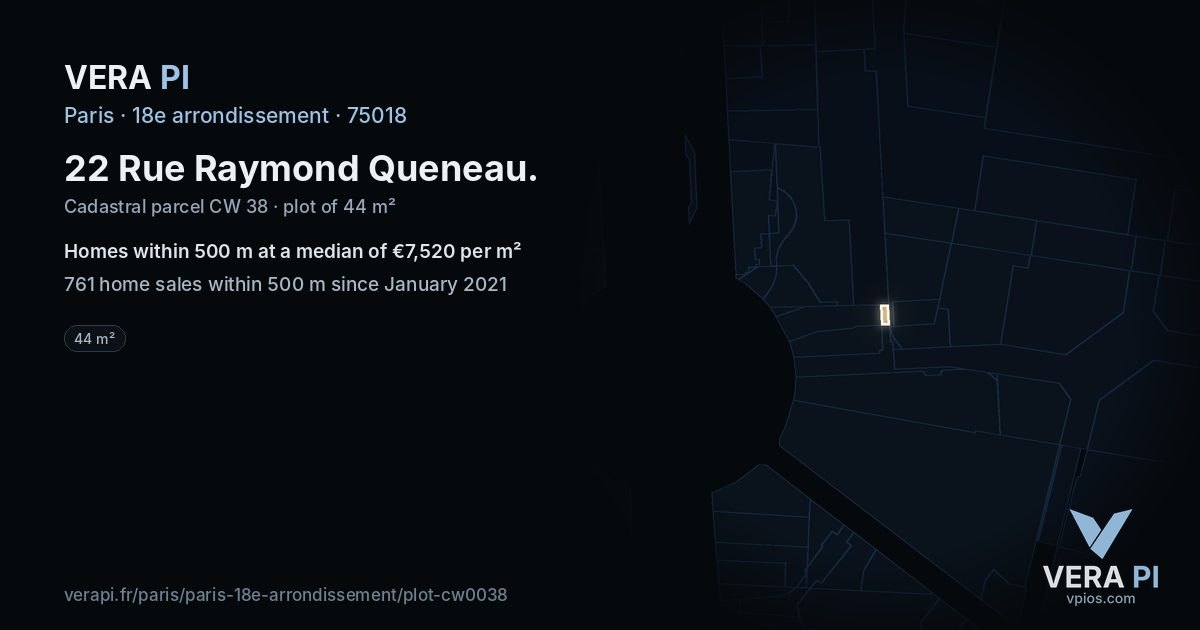 22 Rue Raymond Queneau, 18e arrondissement at night – the plot lit, the parcels around coloured by the prices near them