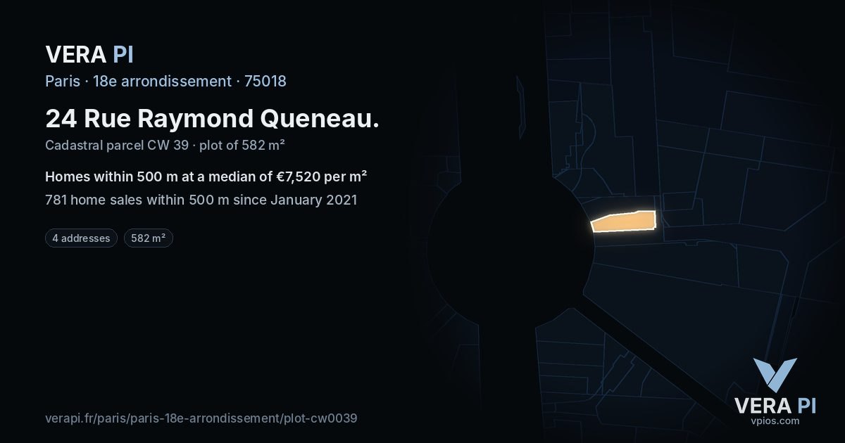 24 Rue Raymond Queneau, 18e arrondissement at night – the plot lit, the parcels around coloured by the prices near them