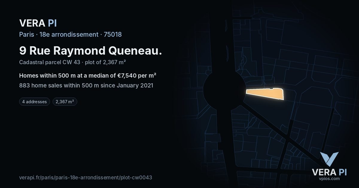 9 Rue Raymond Queneau, 18e arrondissement at night – the plot lit, the parcels around coloured by the prices near them