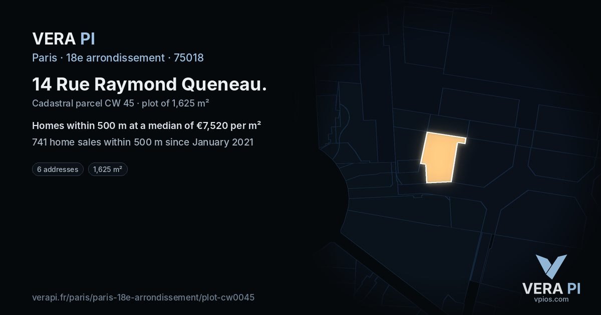 14 Rue Raymond Queneau, 18e arrondissement at night – the plot lit, the parcels around coloured by the prices near them