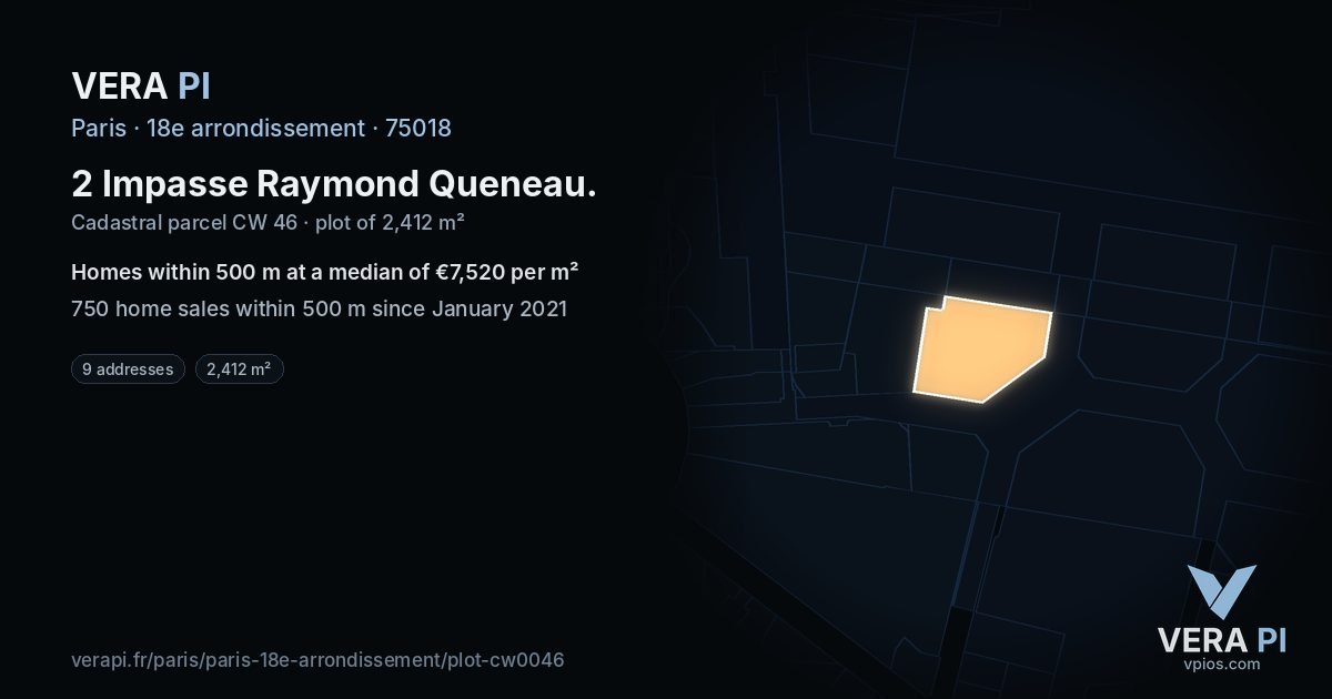 2 Impasse Raymond Queneau, 18e arrondissement at night – the plot lit, the parcels around coloured by the prices near them