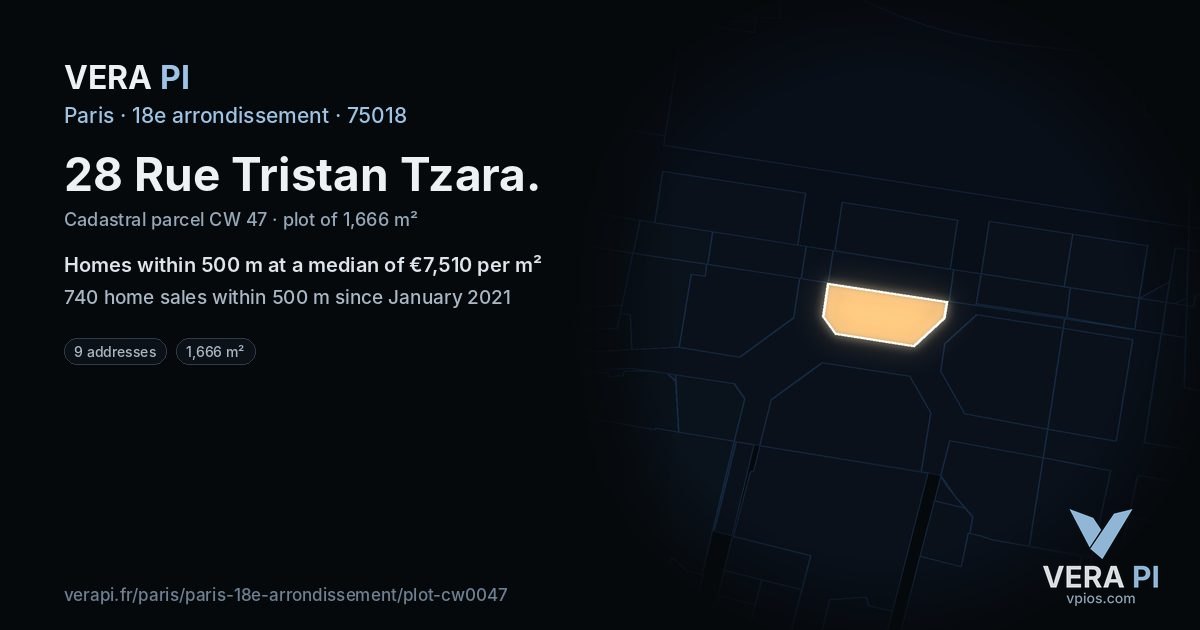 28 Rue Tristan Tzara, 18e arrondissement at night – the plot lit, the parcels around coloured by the prices near them