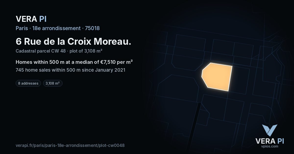 6 Rue de la Croix Moreau, 18e arrondissement at night – the plot lit, the parcels around coloured by the prices near them