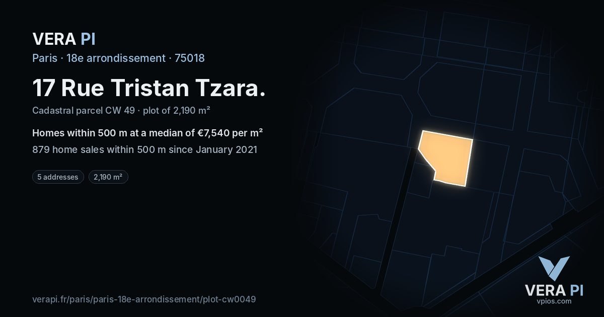 17 Rue Tristan Tzara, 18e arrondissement at night – the plot lit, the parcels around coloured by the prices near them