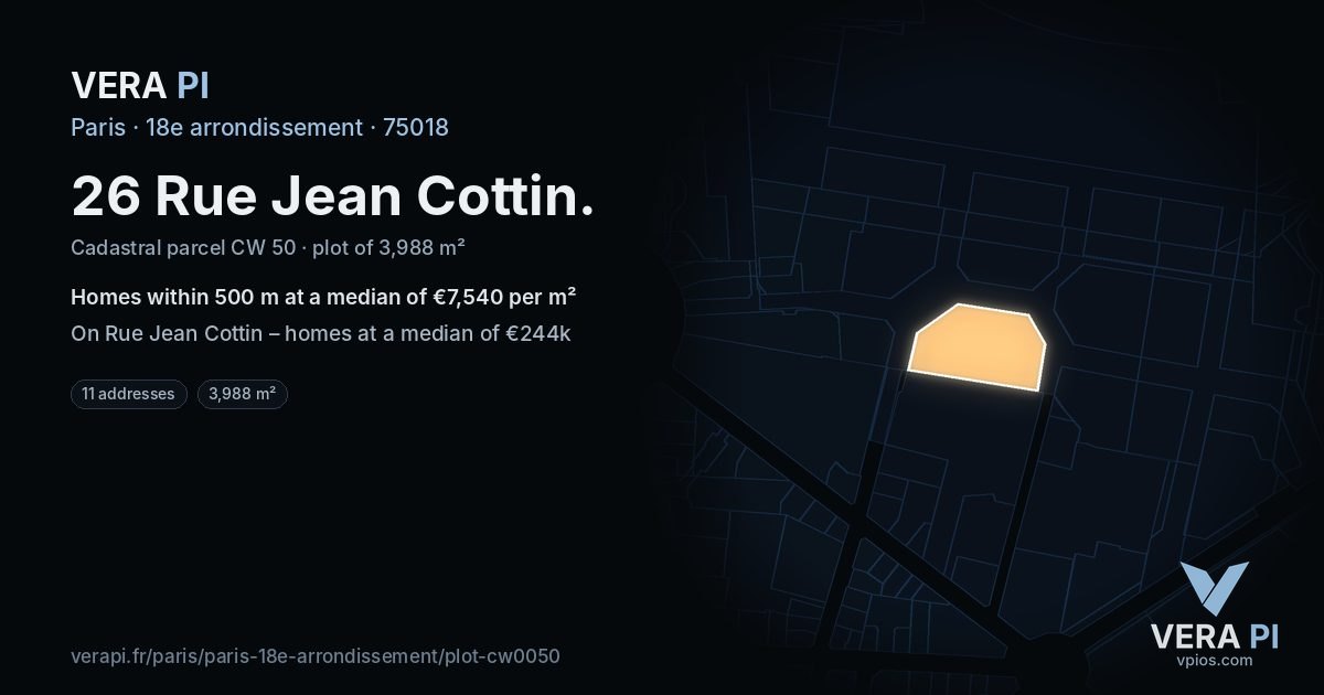 26 Rue Jean Cottin, 18e arrondissement at night – the plot lit, the parcels around coloured by the prices near them