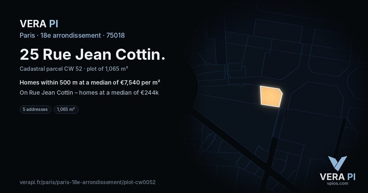 25 Rue Jean Cottin, 18e arrondissement at night – the plot lit, the parcels around coloured by the prices near them