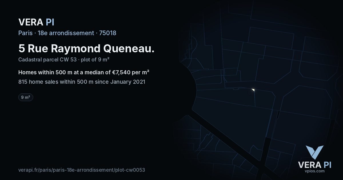 5 Rue Raymond Queneau, 18e arrondissement at night – the plot lit, the parcels around coloured by the prices near them
