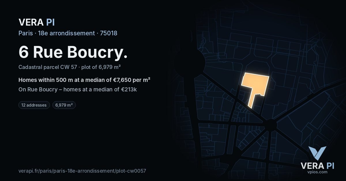 6 Rue Boucry, 18e arrondissement at night – the plot lit, the parcels around coloured by the prices near them