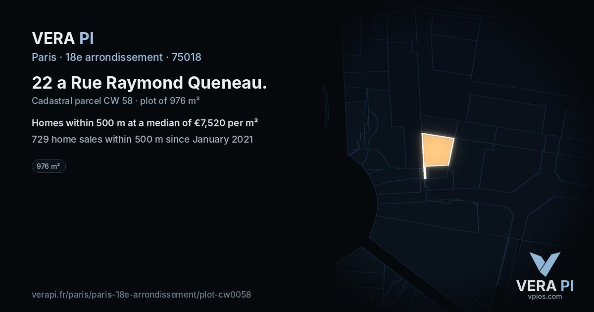 22 a Rue Raymond Queneau, 18e arrondissement at night – the plot lit, the parcels around coloured by the prices near them