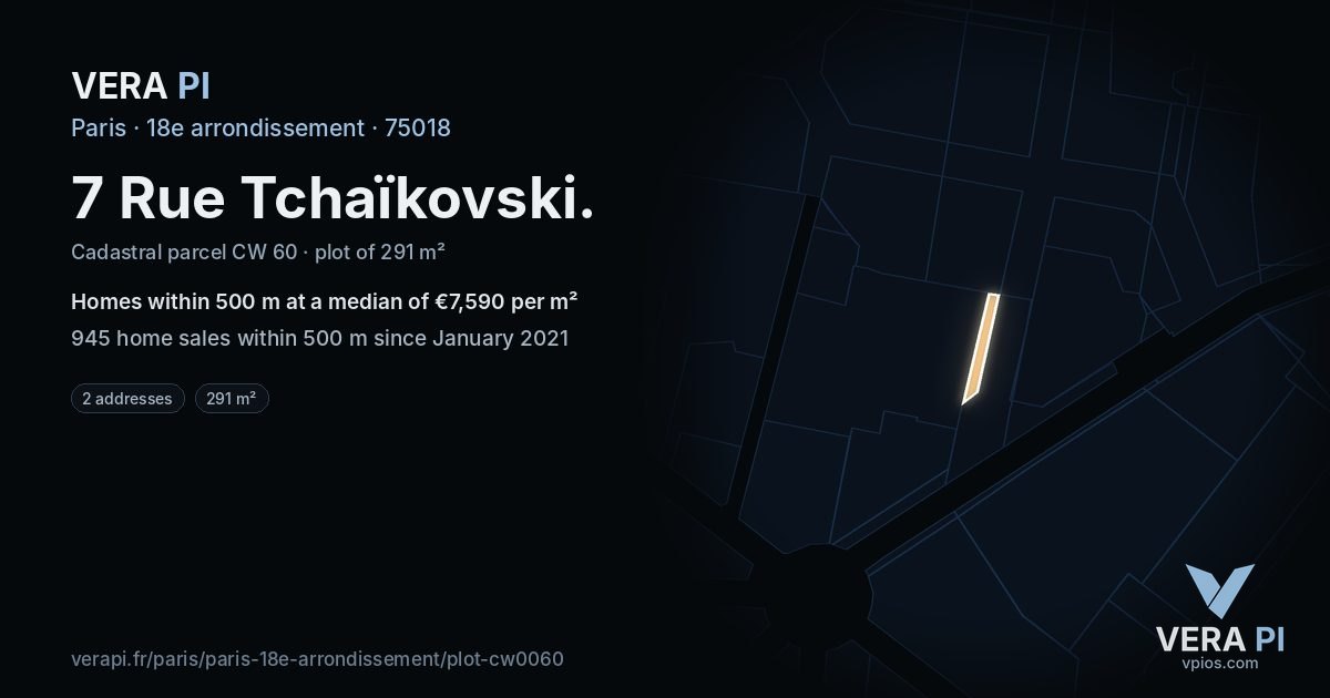 7 Rue Tchaïkovski, 18e arrondissement at night – the plot lit, the parcels around coloured by the prices near them