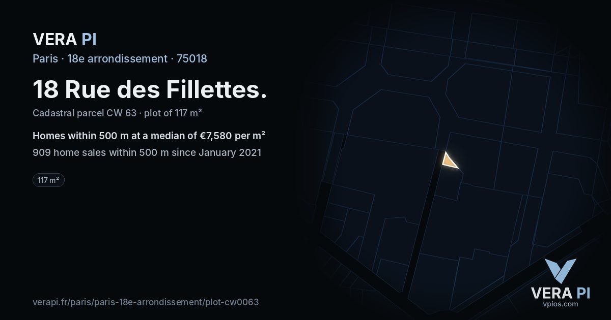 18 Rue des Fillettes, 18e arrondissement at night – the plot lit, the parcels around coloured by the prices near them