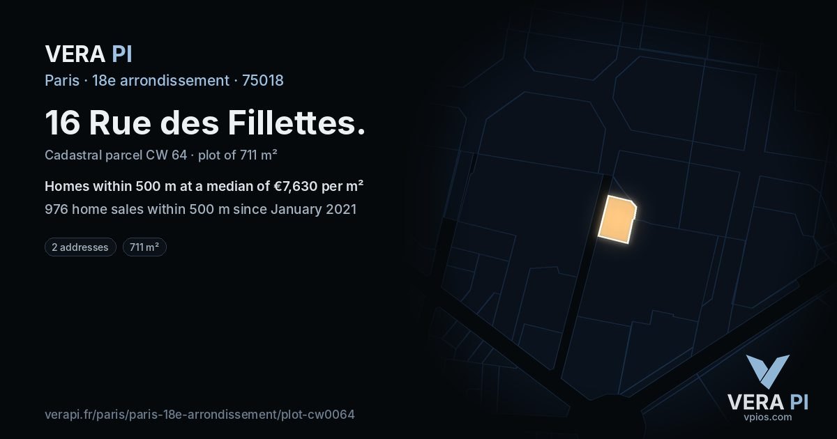 16 Rue des Fillettes, 18e arrondissement at night – the plot lit, the parcels around coloured by the prices near them