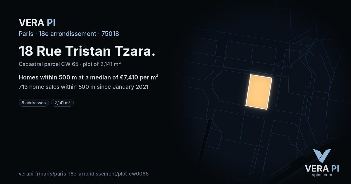 18 Rue Tristan Tzara, 18e arrondissement at night – the plot lit, the parcels around coloured by the prices near them