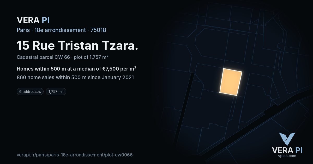 15 Rue Tristan Tzara, 18e arrondissement at night – the plot lit, the parcels around coloured by the prices near them
