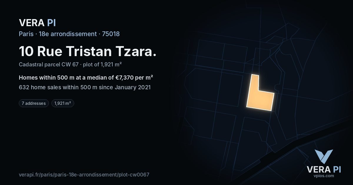 10 Rue Tristan Tzara, 18e arrondissement at night – the plot lit, the parcels around coloured by the prices near them