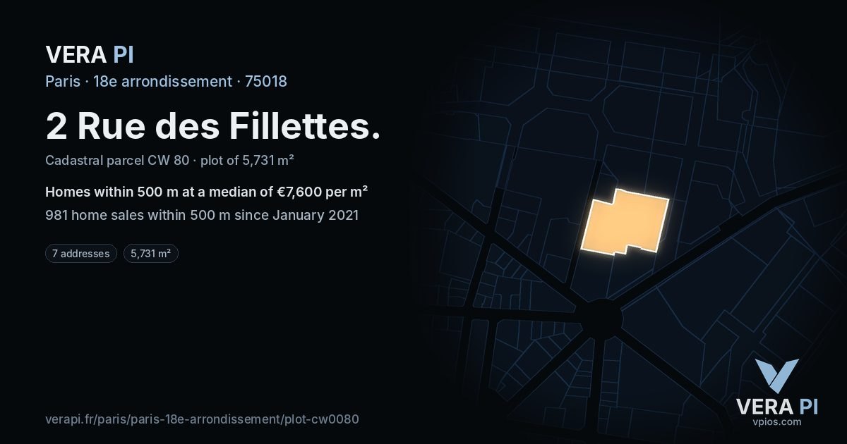 2 Rue des Fillettes, 18e arrondissement at night – the plot lit, the parcels around coloured by the prices near them