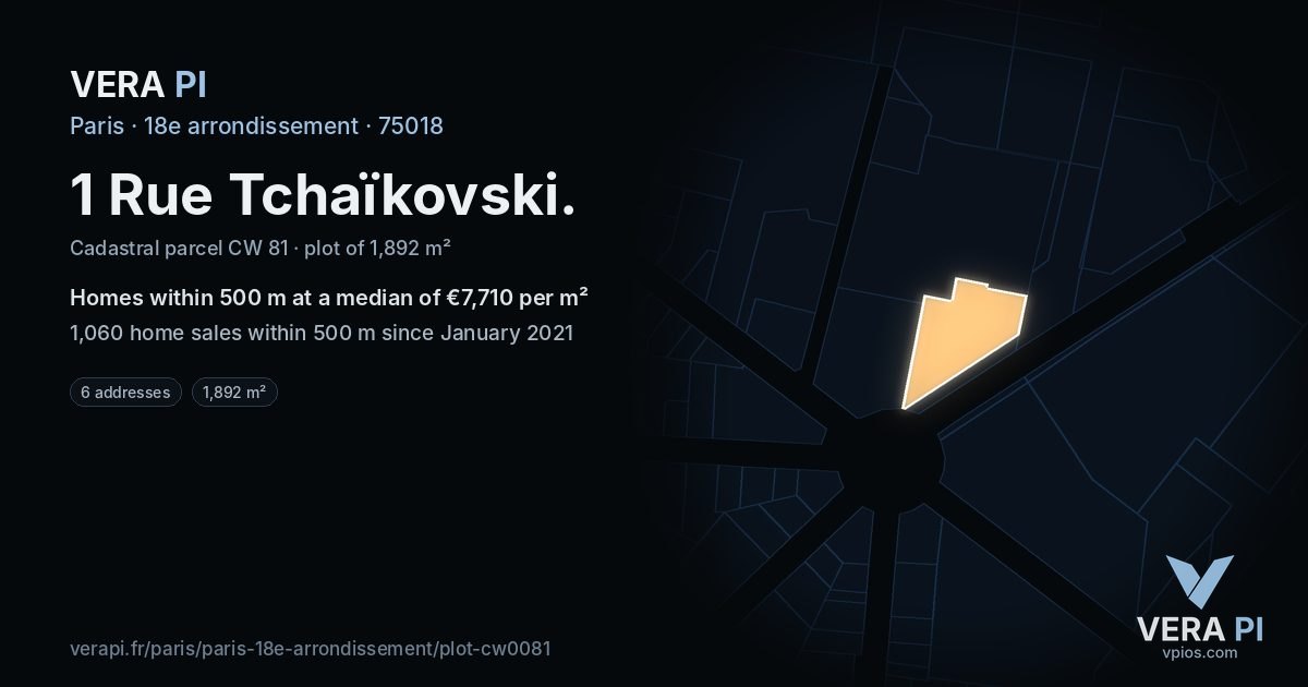 1 Rue Tchaïkovski, 18e arrondissement at night – the plot lit, the parcels around coloured by the prices near them